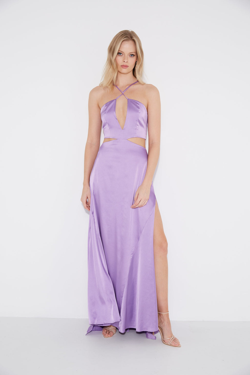 Vestido largo Zena lila con escote profundo y cut-out