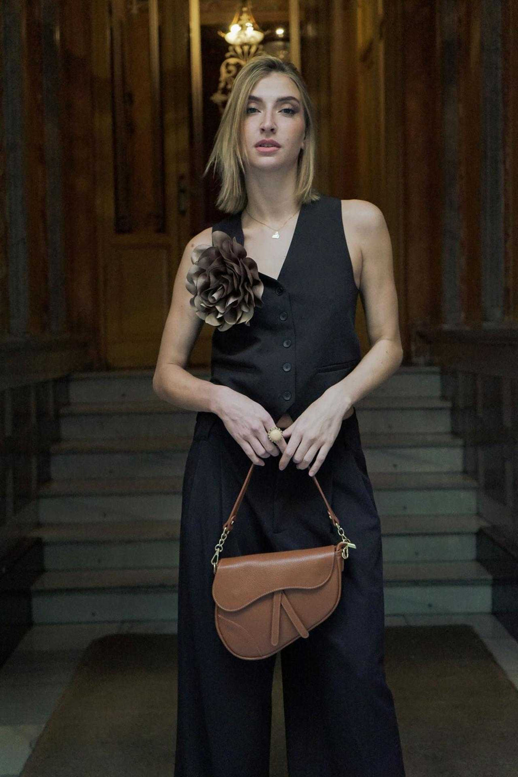 Bolso silla de montar camel de piel vacuna