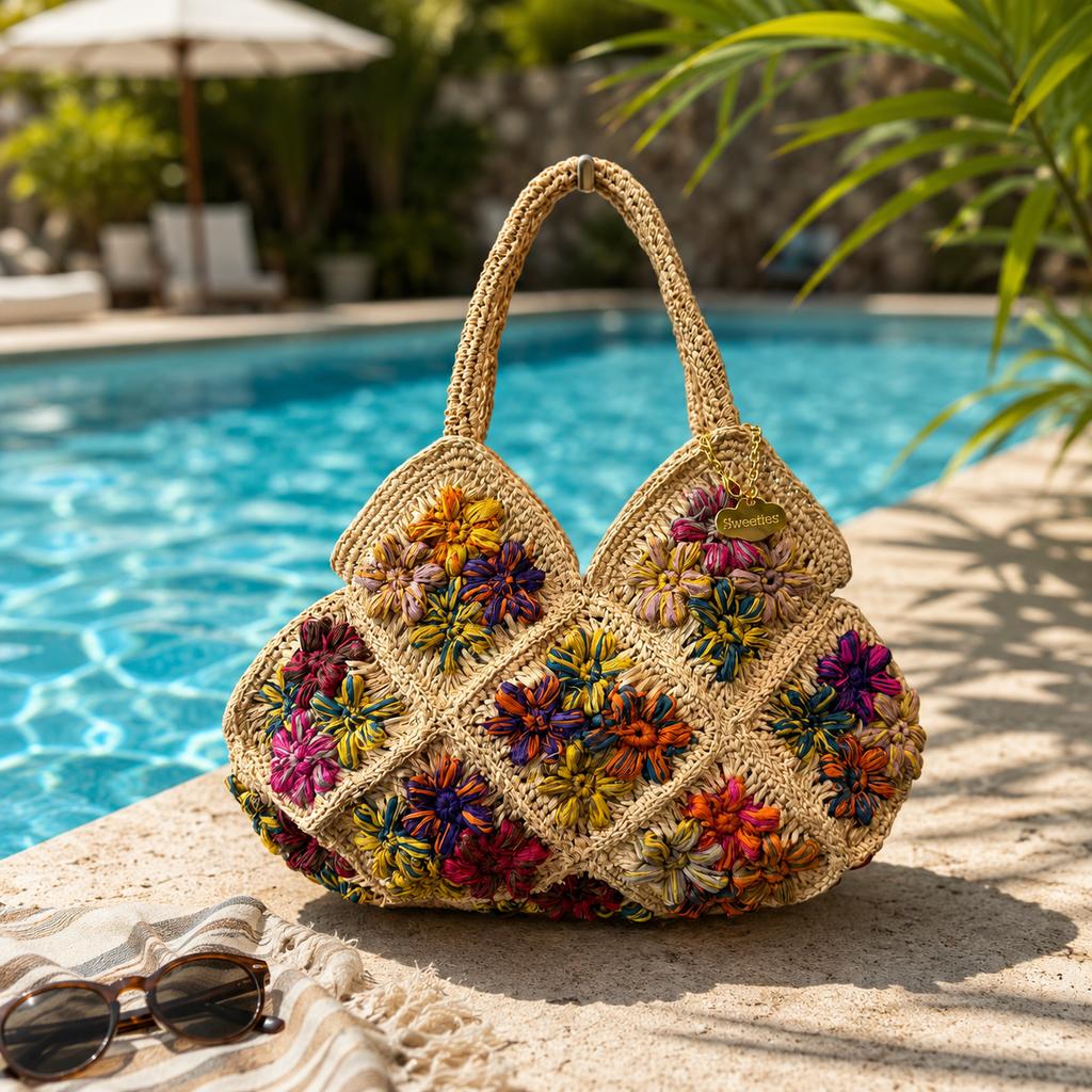Bolso de mano de rafia natural multicolor