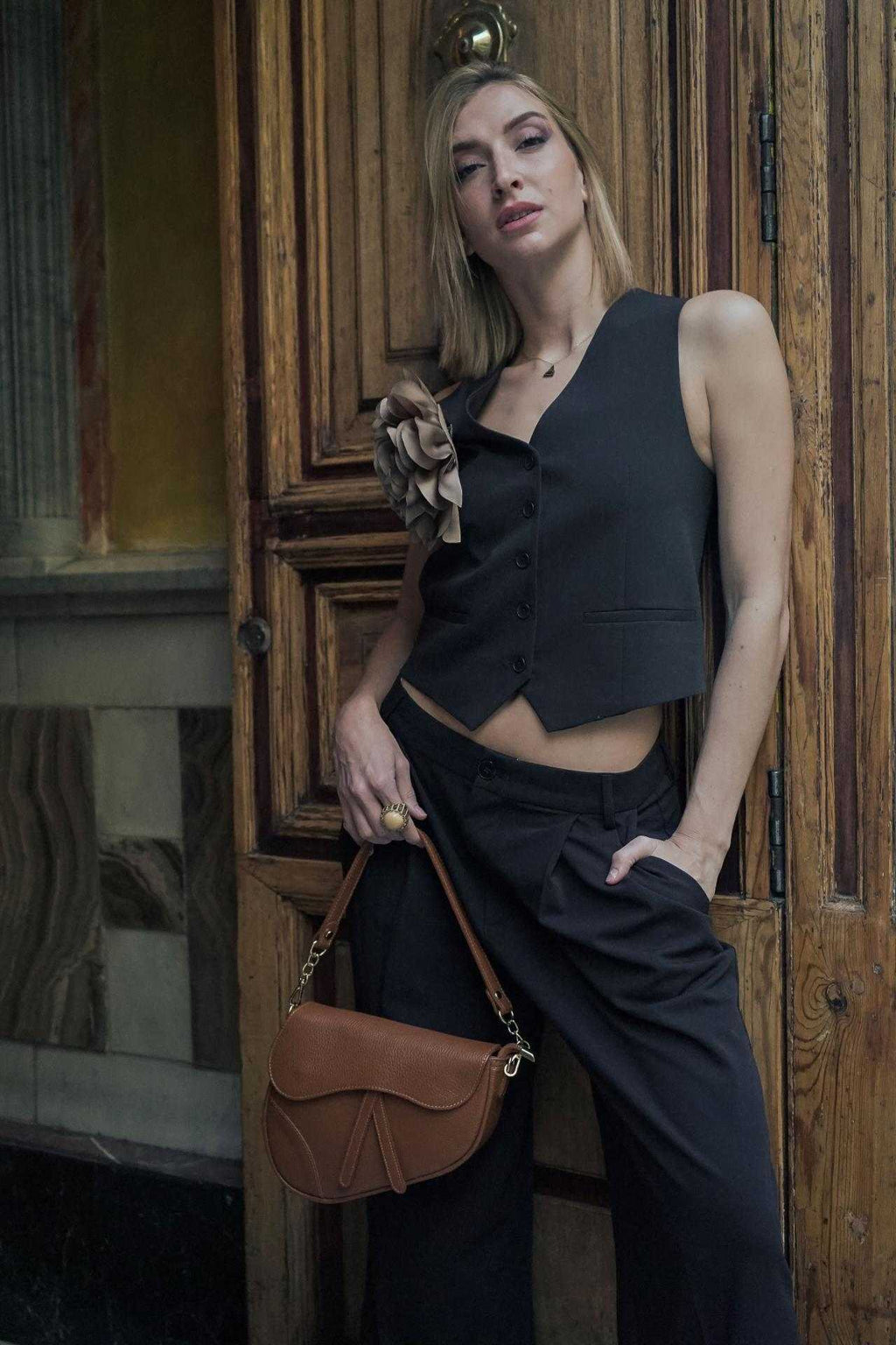 Bolso silla de montar camel de piel vacuna