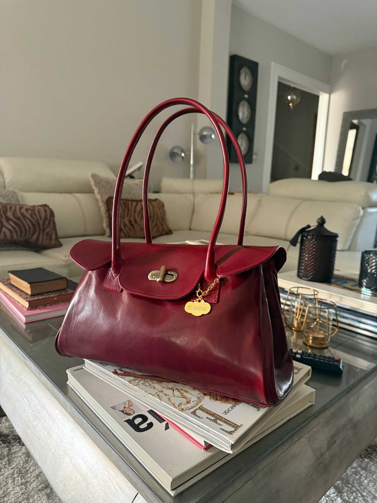 Bolso shopper Uffizi burdeos de piel italiana