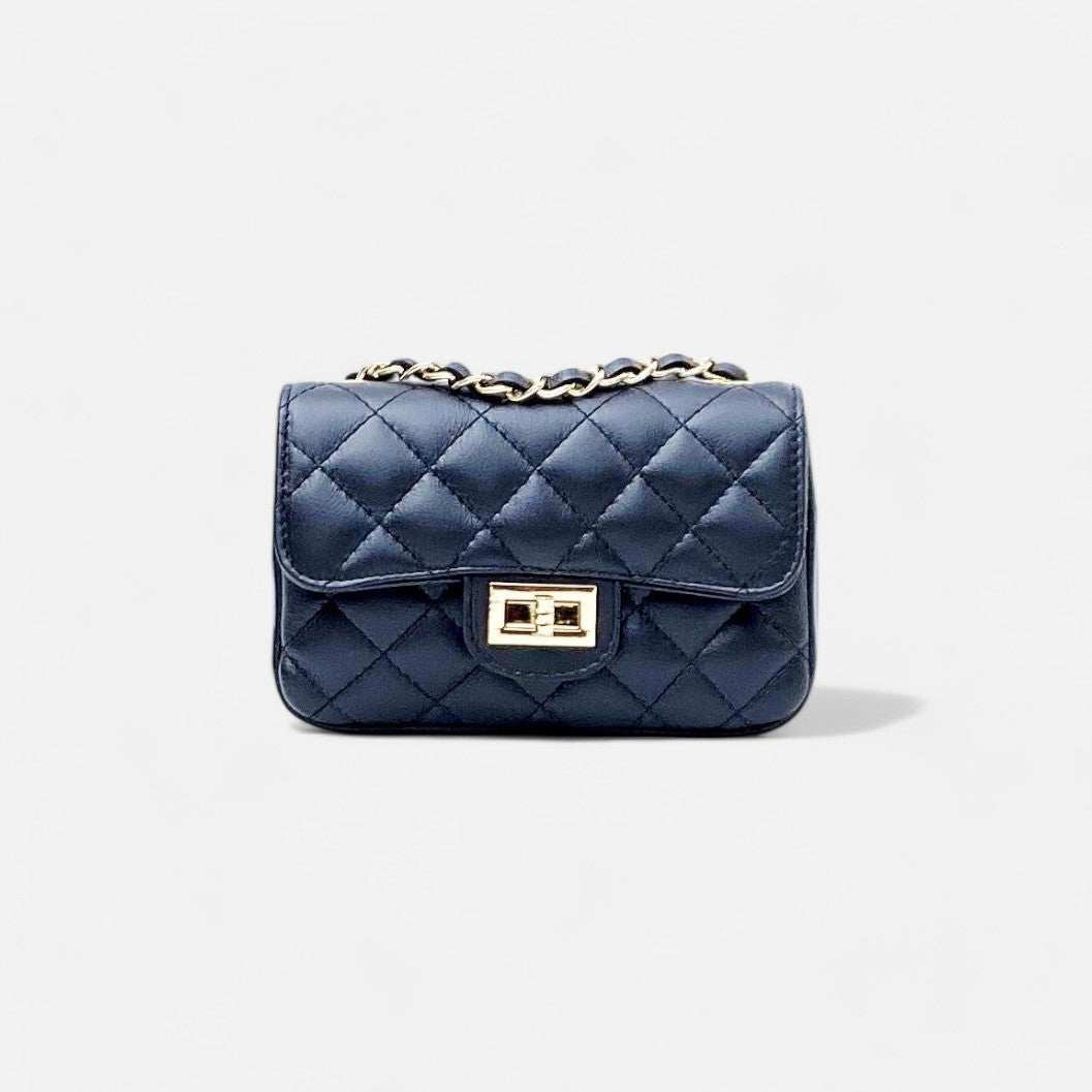 Bolso mini bandolera acolchado negro con cadena y piel