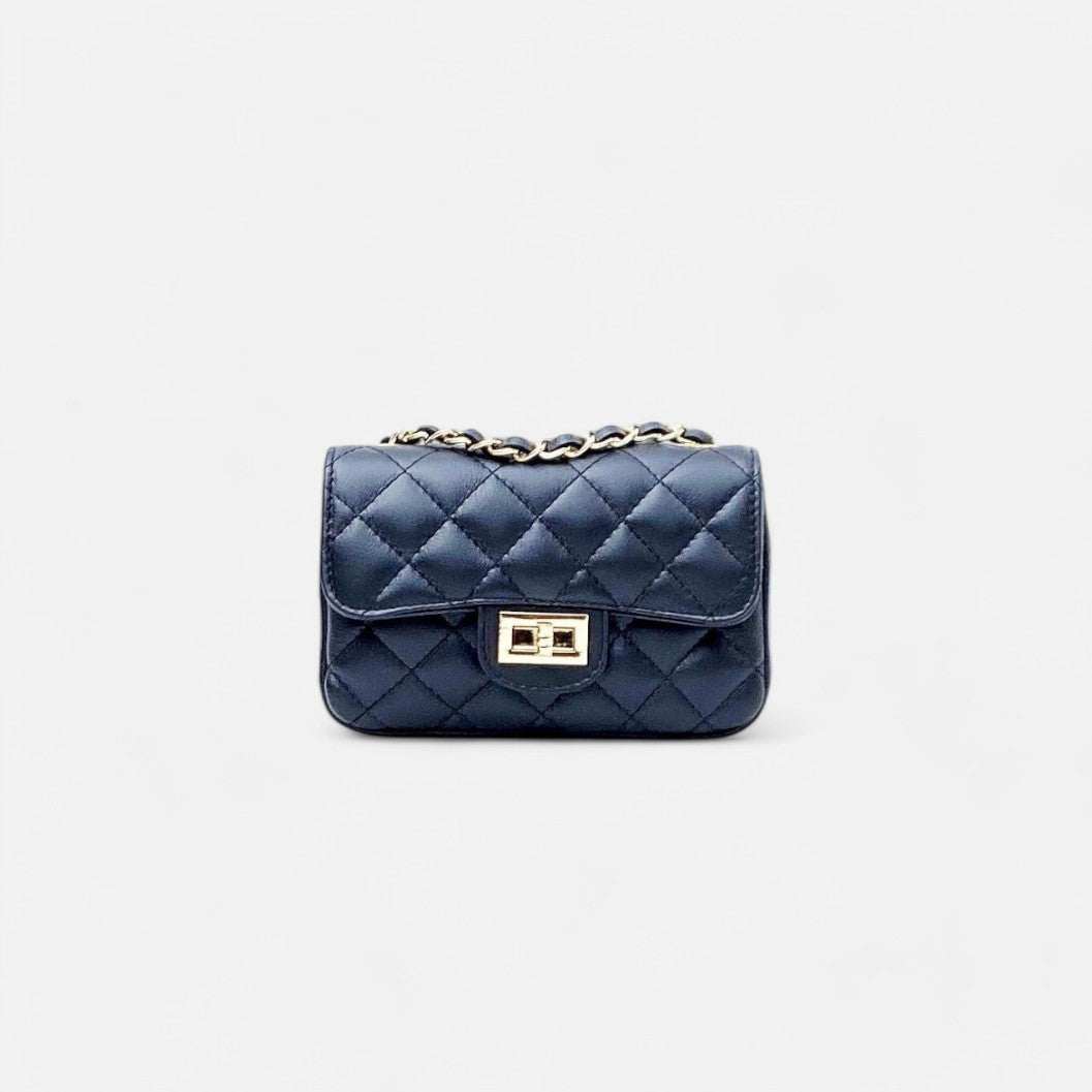 Bolso mini bandolera acolchado negro con cadena y piel