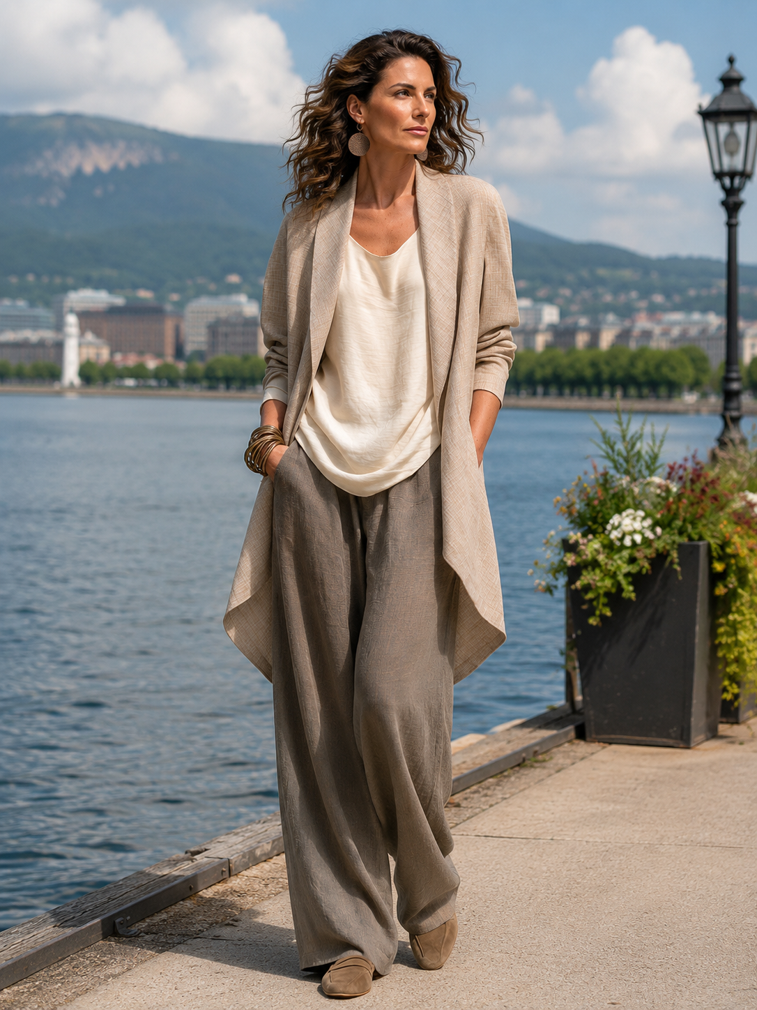 Conjunto de 3 piezas con chaqueta larga y pantalón ancho