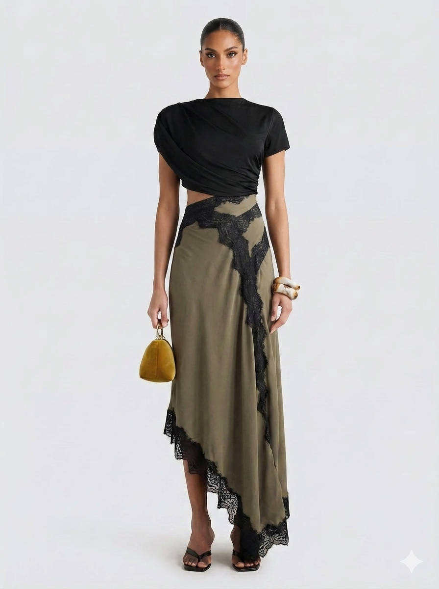 Conjunto de mujer con top asimétrico y falda maxi de encaje