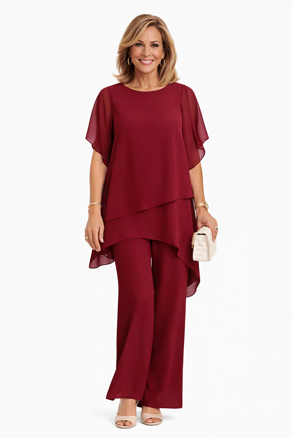 Conjunto elegante de mujer con blusa fluida y pantalón ancho