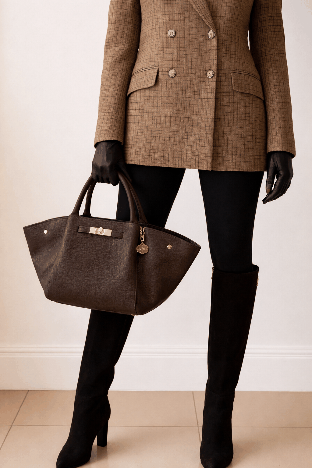 Bolso Cassandra chocolate de piel de vacuno con cierre giratorio