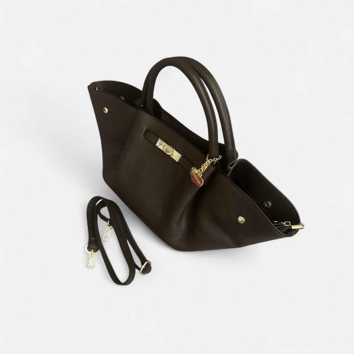 Bolso Cassandra chocolate de piel de vacuno con cierre giratorio
