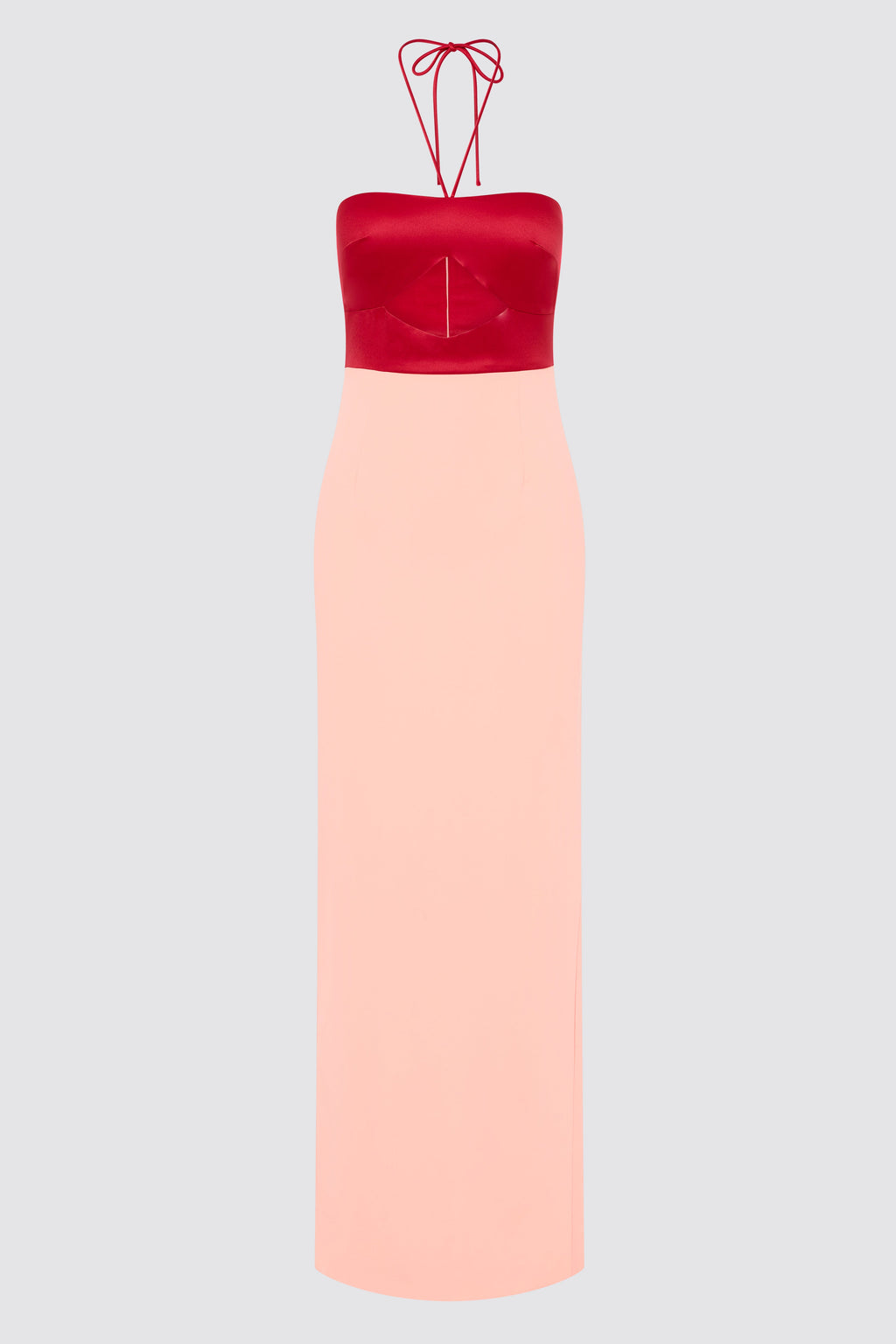 Vestido maxi Siena bicolor rojo y rosa con escote halter