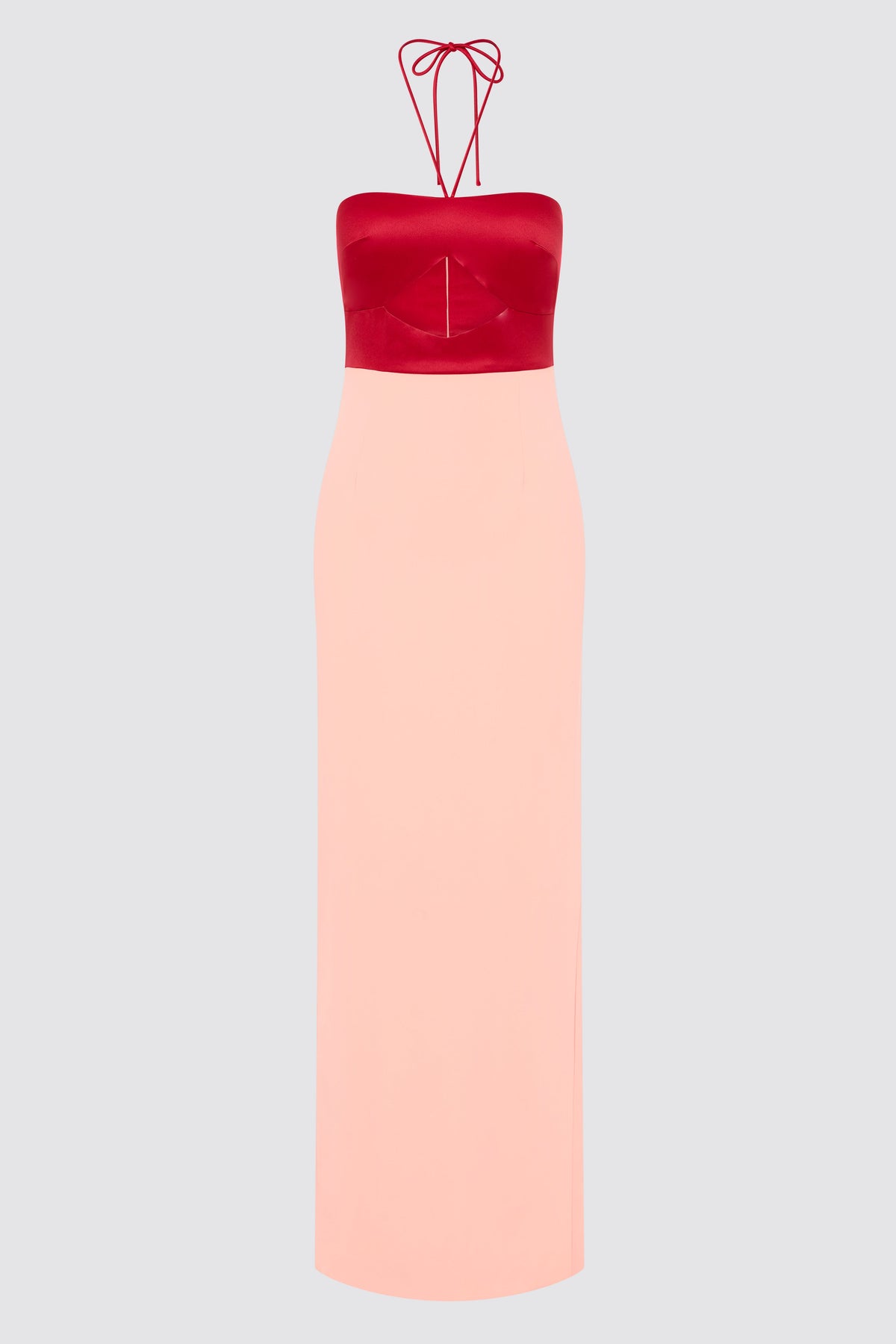 Vestido maxi Siena bicolor rojo y rosa con escote halter