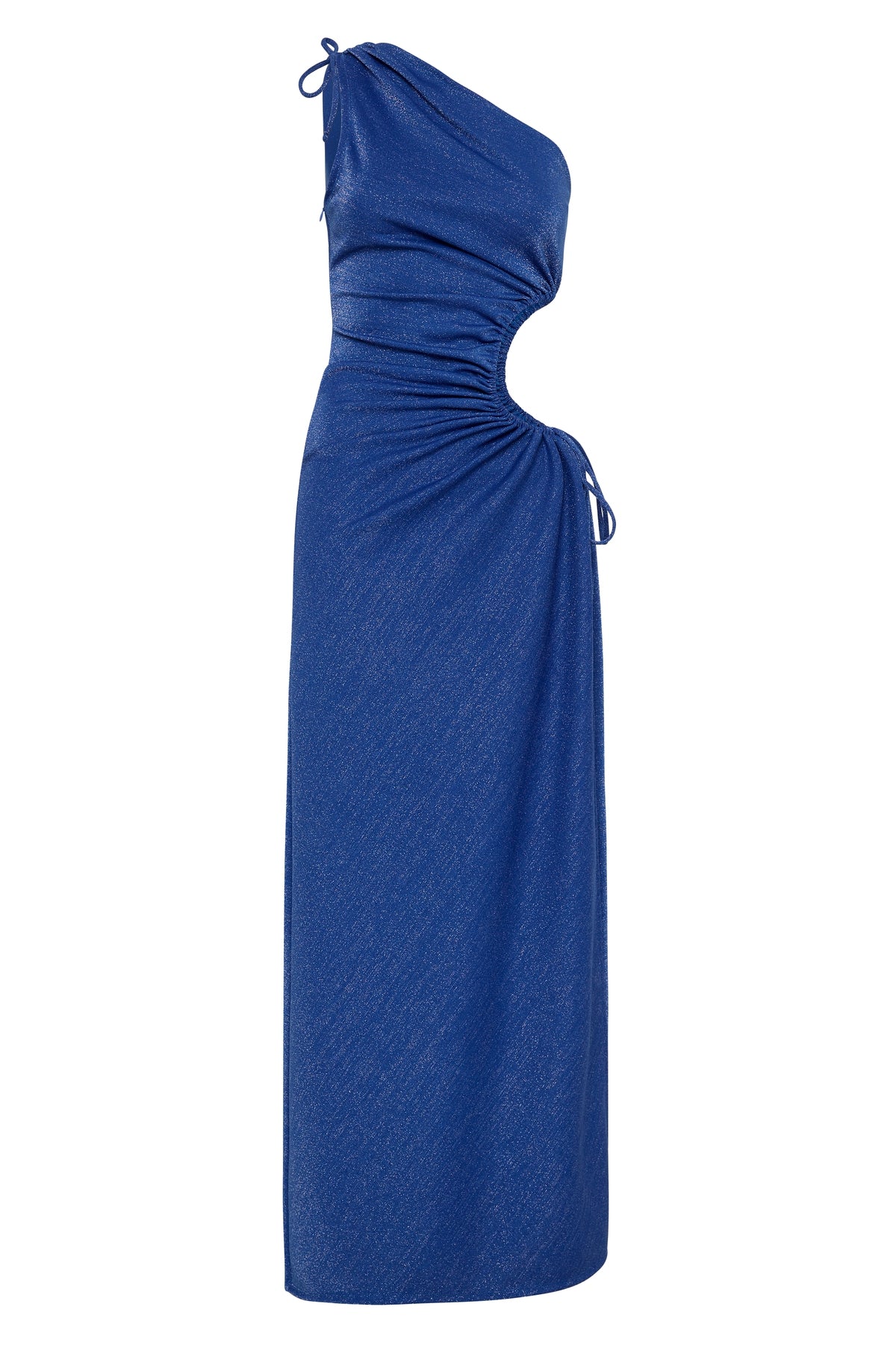 Vestido largo azul oscuro de lurex con escote de un hombro