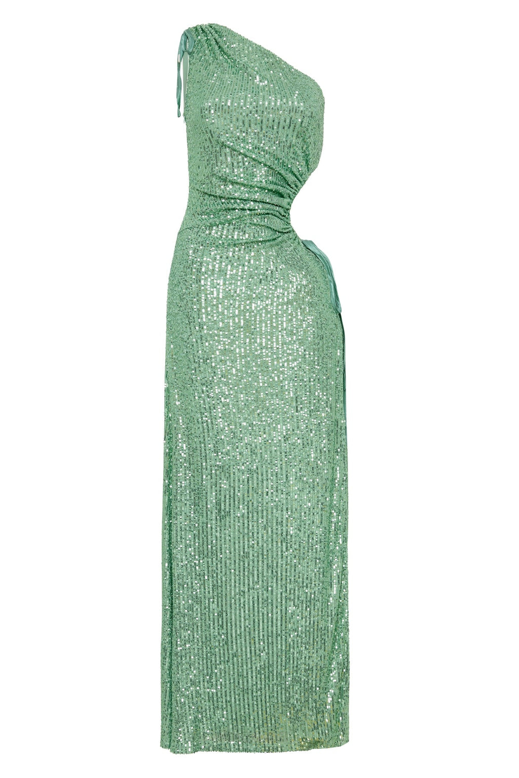 Vestido maxi Nour de lentejuelas verde menta con escote asimétrico