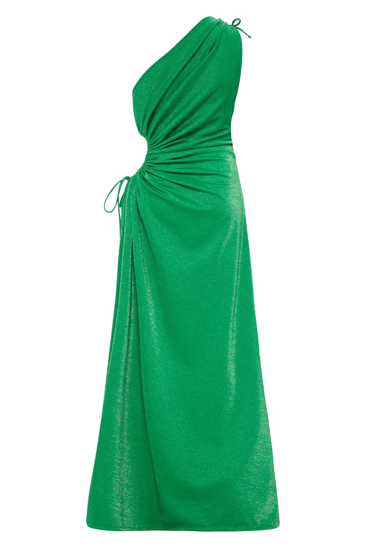 Vestido maxi Nour verde bosque con brillo plateado
