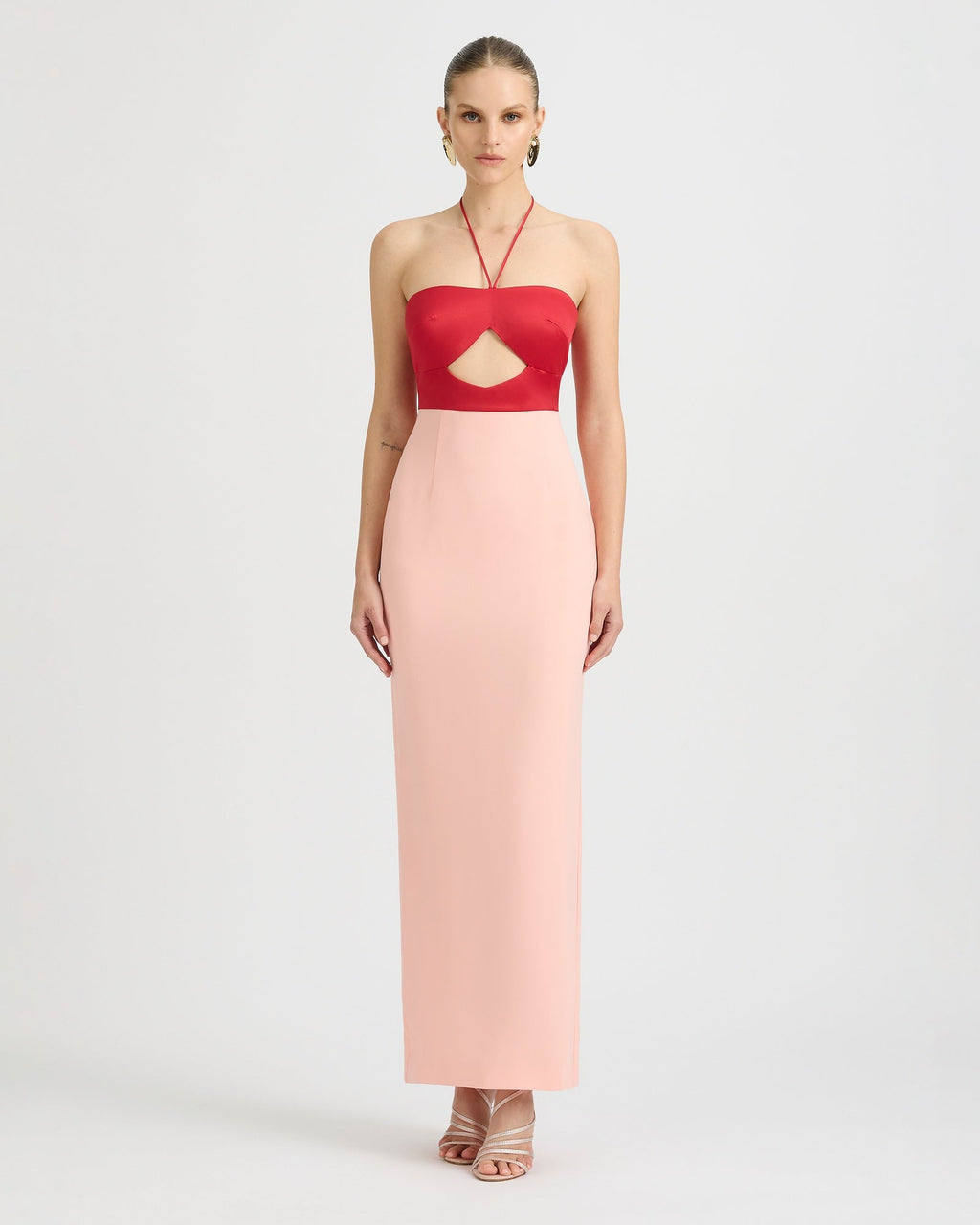 Vestido maxi Siena bicolor rojo y rosa con escote halter