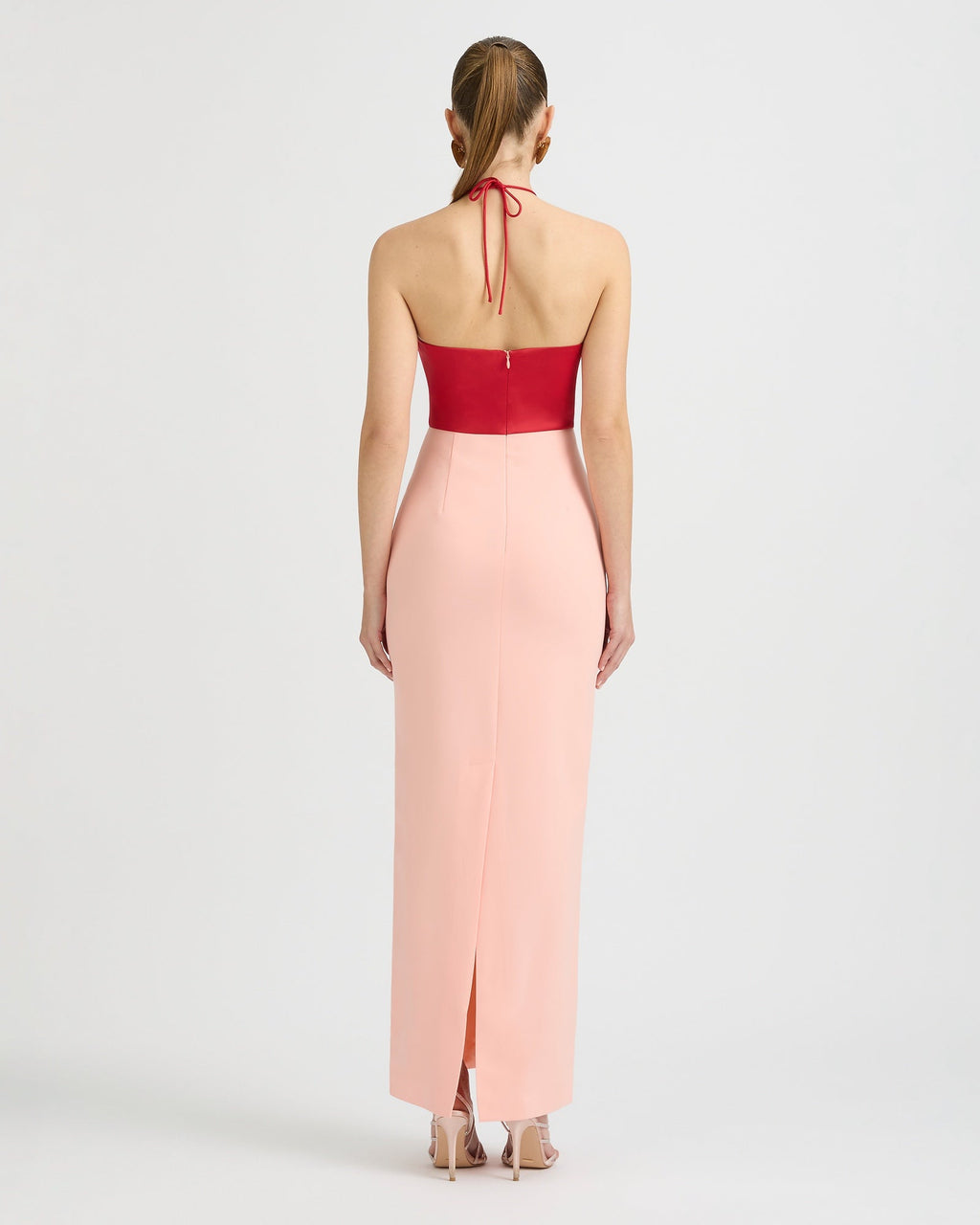 Vestido maxi Siena bicolor rojo y rosa con escote halter