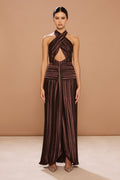 Vestido maxi Ariana plisado elástico con escote halter cruzado