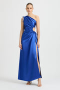 Vestido maxi Nour azul marroquí de un hombro con cut-out