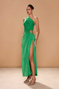 Vestido maxi Nour verde bosque con brillo plateado