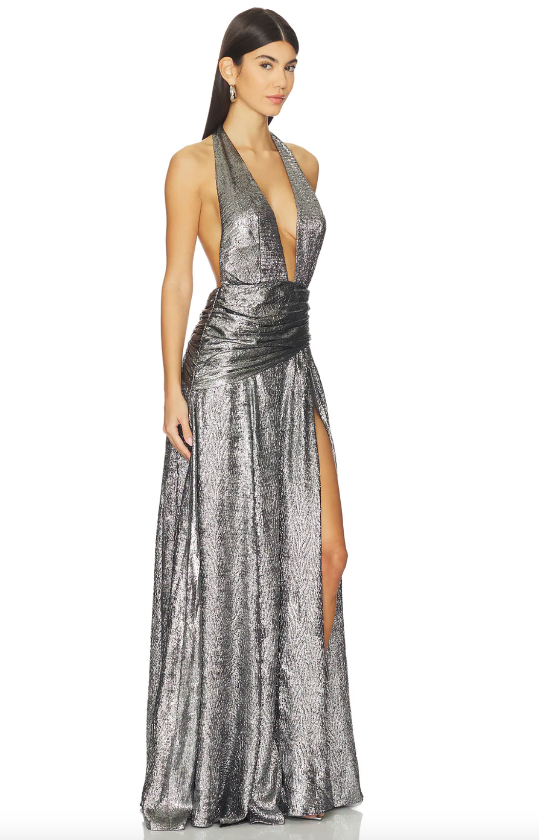 Vestido largo Zephyr plateado con escote profundo y abertura