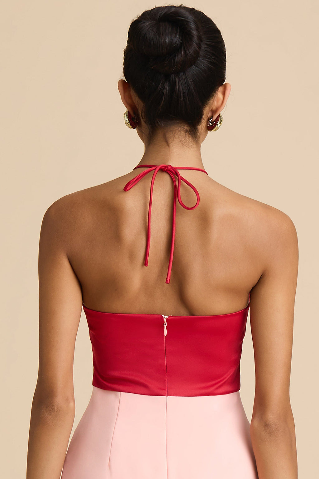 Vestido maxi Siena bicolor rojo y rosa con escote halter