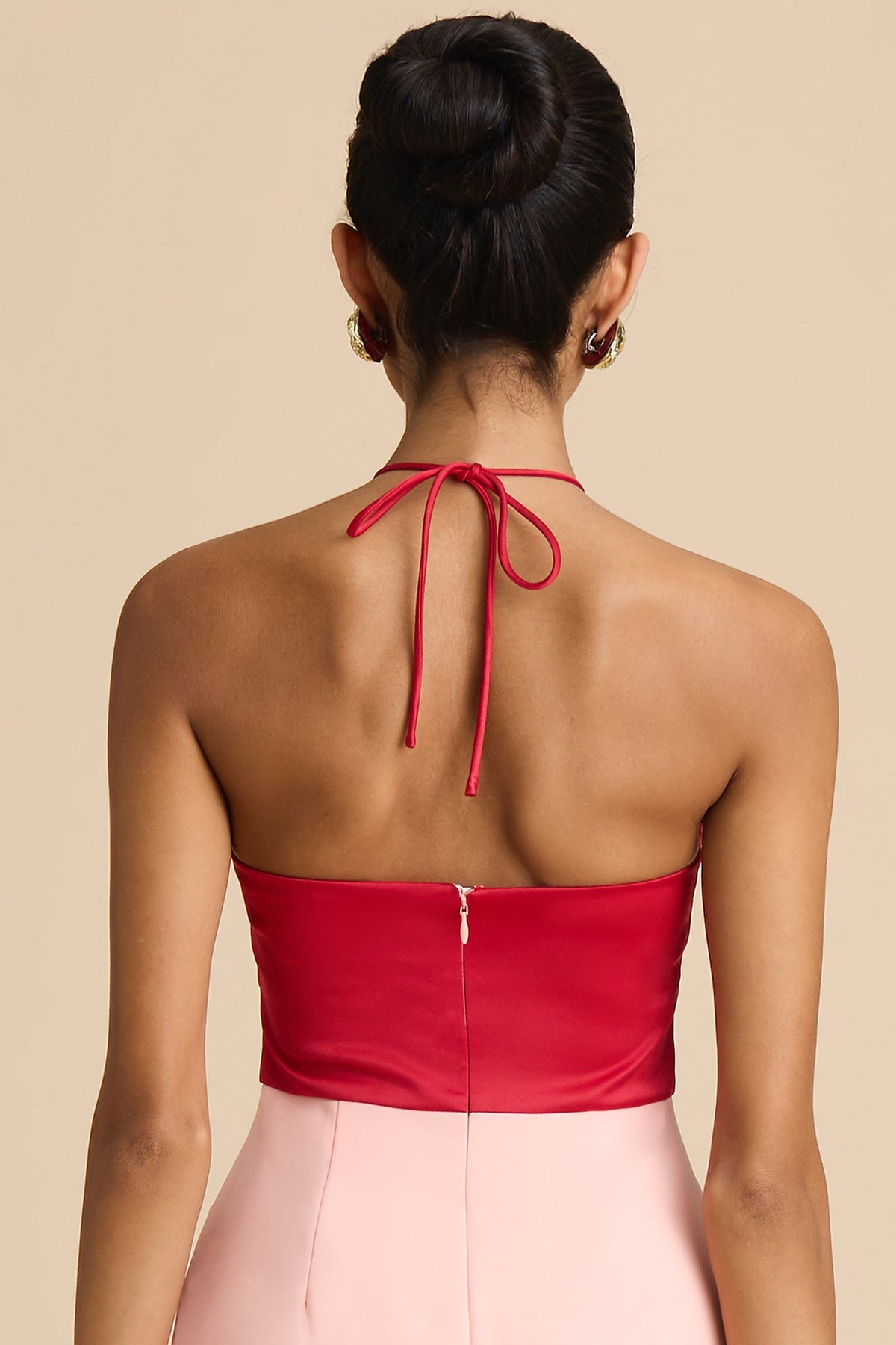 Vestido maxi Siena bicolor rojo y rosa con escote halter
