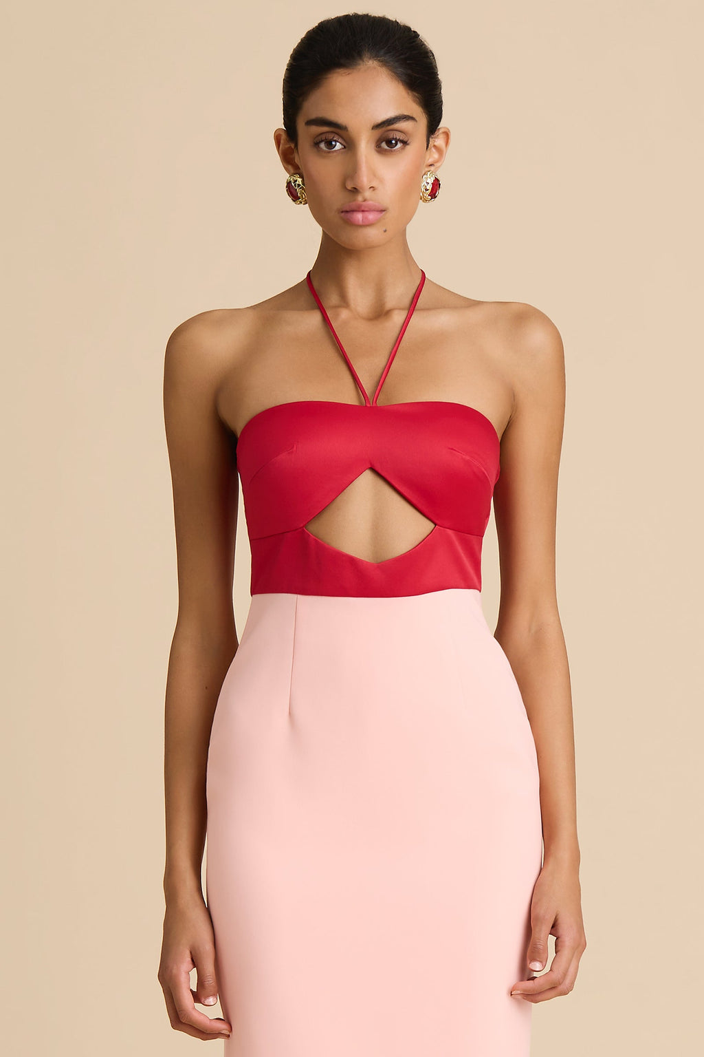 Vestido maxi Siena bicolor rojo y rosa con escote halter