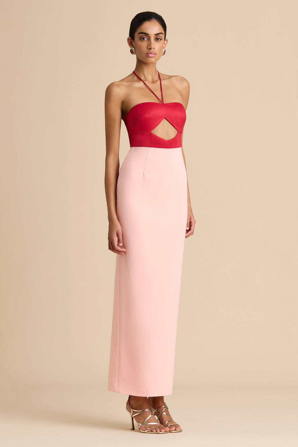Vestido maxi Siena bicolor rojo y rosa con escote halter