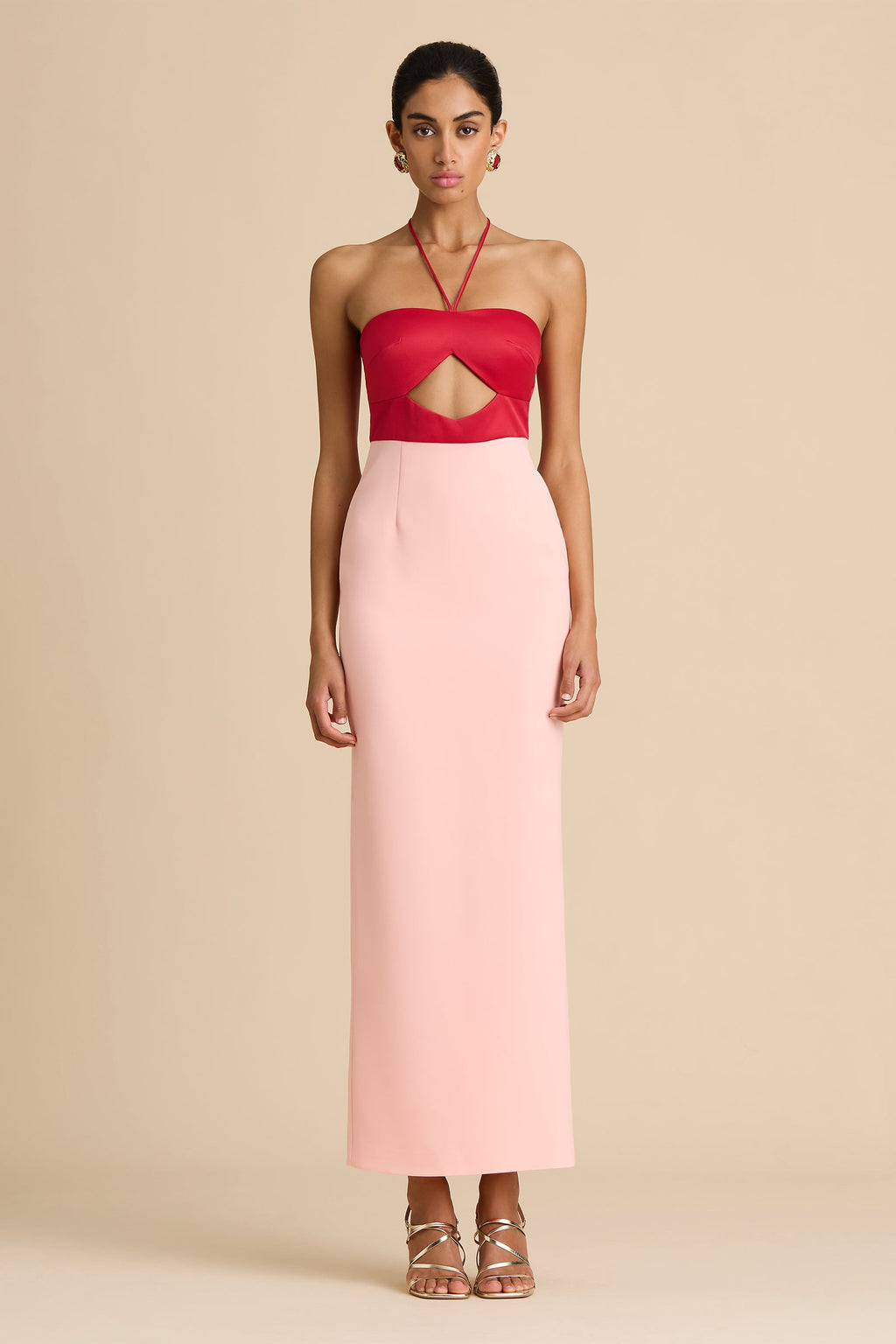 Vestido maxi Siena bicolor rojo y rosa con escote halter