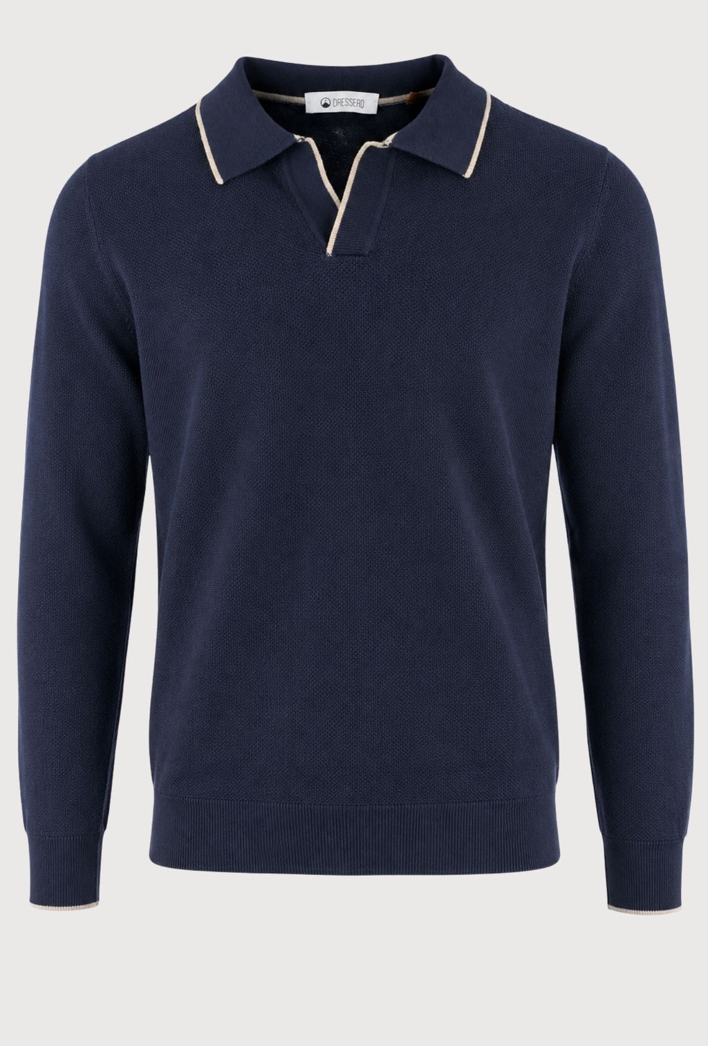 Polo de hombre Dresserd de manga larga en punto azul marino con escote Derby