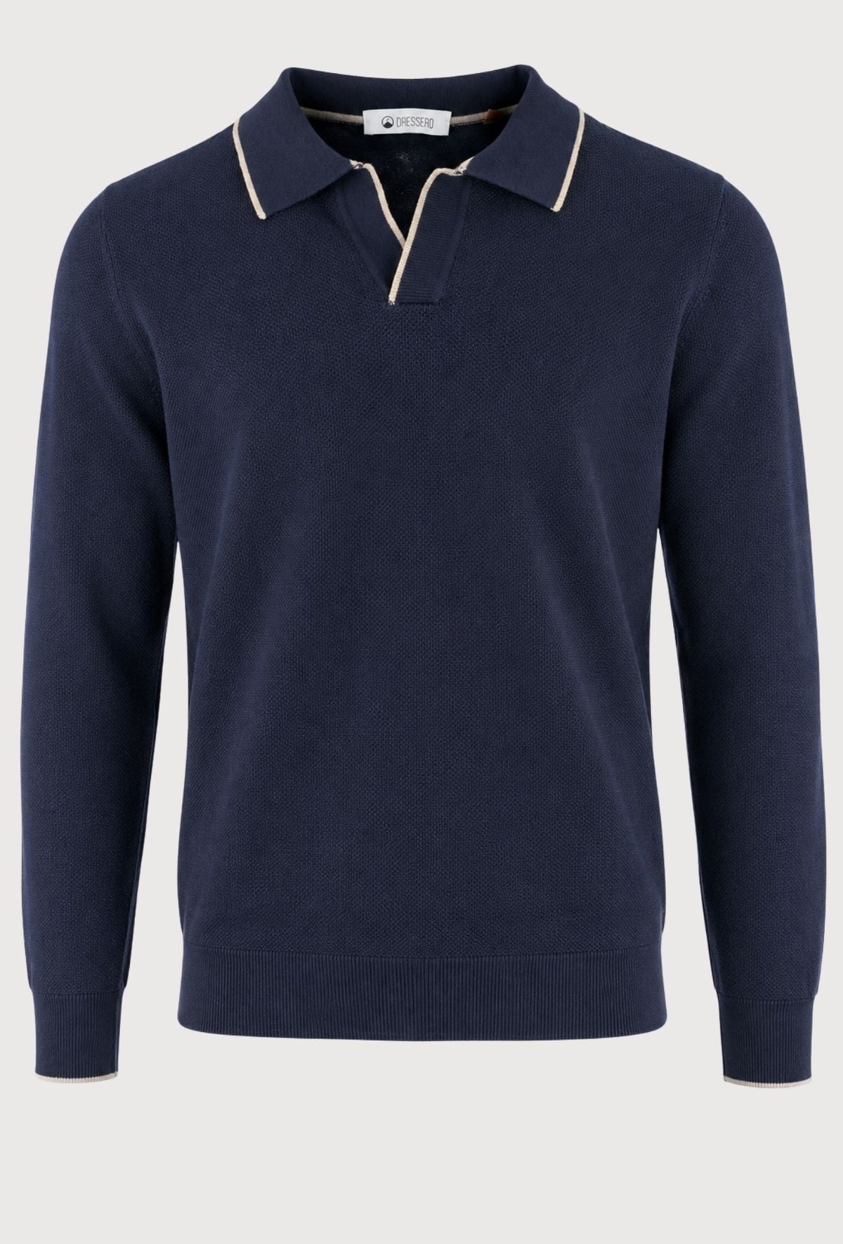 Polo de hombre Dresserd de manga larga en punto azul marino con escote Derby